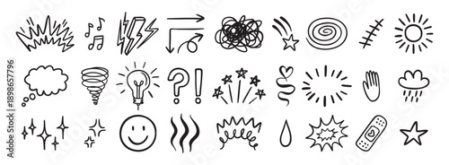 Comic funny effect icon set, anime doodle elements collection. Retro anime movement, exclamation and emphasis expressions. Doodle emotion of character in comic style