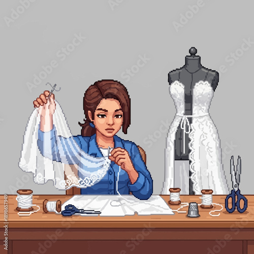 Woman sewing a white dress on a mannequin with fabric and tools.