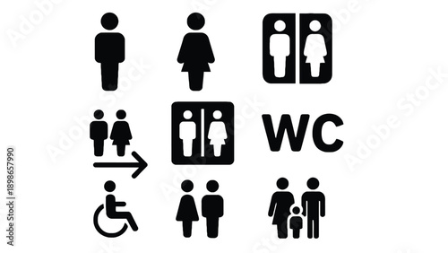 A collection of black and white bathroom signs on a plain background