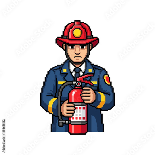 Firefighter in uniform holding a red fire extinguisher.