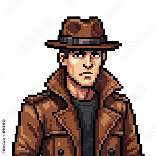 Pixel art man in a fedora and trench coat with a serious expression.