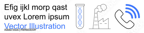 Science, environmental issues, communication technology, research, industry, design. A test tube with DNA, factory emitting smoke and phone icon. Science and environmental issues highlighted