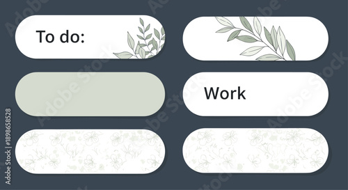 Collection of six elegant planner stickers or labels features soft green botanical leaf patterns and text for organizing tasks and work.