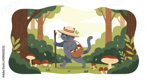 Charming illustration shows a gray cat wearing a hat walking through a lush forest with a basket of mushrooms and a wooden hiking stick.