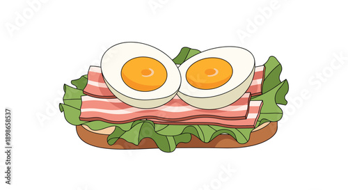 Delicious breakfast sandwich illustration features thick slices of hard boiled eggs crispy bacon strips and green lettuce on toasted bread.