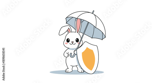 Cute white rabbit character holds a large umbrella and a golden shield provides a metaphorical image of protection and safety in childhood.