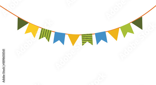 Colorful festive garland consists of patterned triangle flags in blue yellow and green shades hanging from an orange string for party decor.