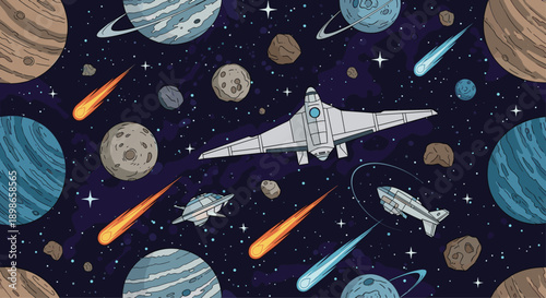 Intricate space pattern features a central spaceship flying through a cosmos filled with planets comets asteroids and sparkling stars.