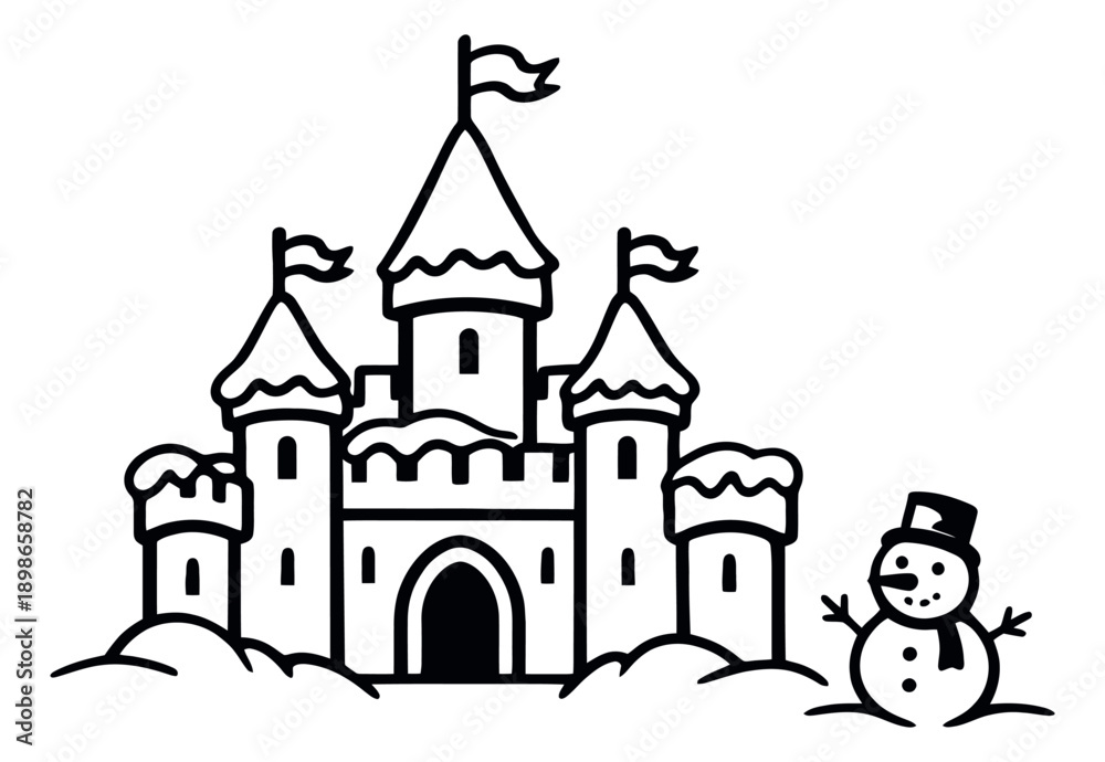 Obraz premium Hand drawn line art illustration of a winter castle and a snowman depicting a snowy scene for winter holidays