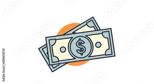 Simple cartoon illustration of two us dollar bills stacked together over an orange circle on a white background.