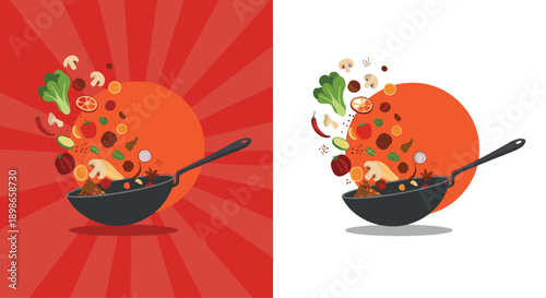 Dynamic illustration of fresh vegetables and ingredients flying into a hot wok for a delicious stir fry meal.