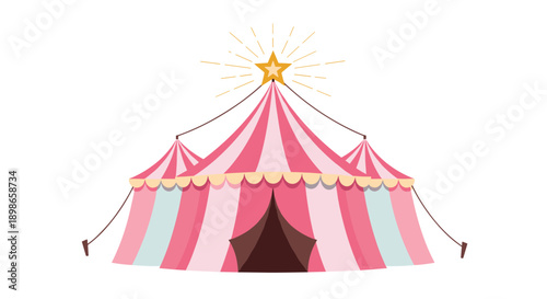 Classic large circus tent with pink and white stripes and a bright golden star shining on top of the main peak.