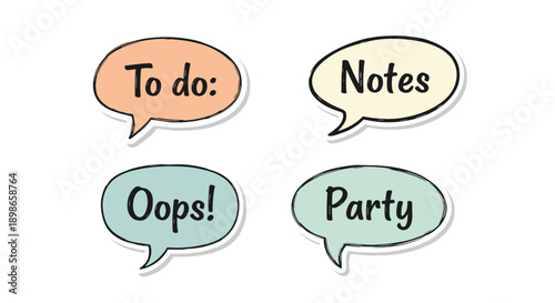 Set of four colorful speech bubbles labeled with to do, notes, oops, and party for organizing and communication.
