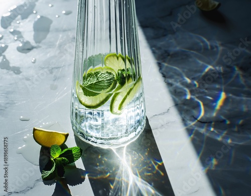 Blank Fluted Glass Carafe with Infused Water 3D Render