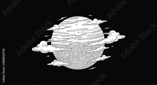 Artistic black and white line drawing of a mysterious planet surrounded by swirling clouds against a black void.