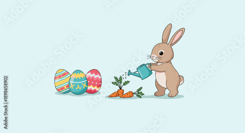 Cute rabbit using a watering can to care for its garden with growing carrots and colorful decorated Easter eggs on the ground.