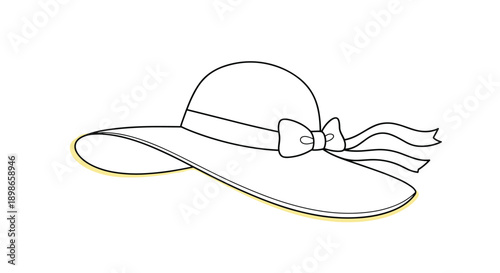 Simple black and white outline of a stylish wide-brimmed sun hat with a decorative ribbon and bow for summer fashion illustrations.