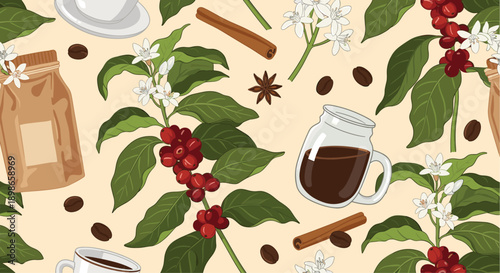 Seamless pattern of coffee plants with red berries and white flowers, coffee beans, cinnamon sticks, and cups on a beige background.