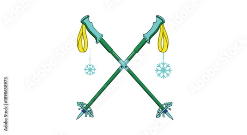 Pair of crossed green ski poles with teal handles and yellow straps decorated with snowflake icons for winter sports theme design.