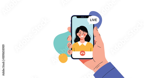 Hand holding a smartphone displaying a live video call with a smiling woman on a modern colorful abstract background for technology.