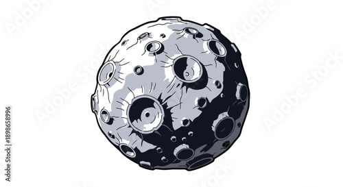 Highly detailed illustration of a grey moon or asteroid with many craters and surface textures isolated on a white background.