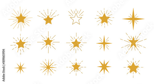 Large set of golden starburst and sparkle icons in various shapes and designs with radiating lines for decorative holiday or magic themes.