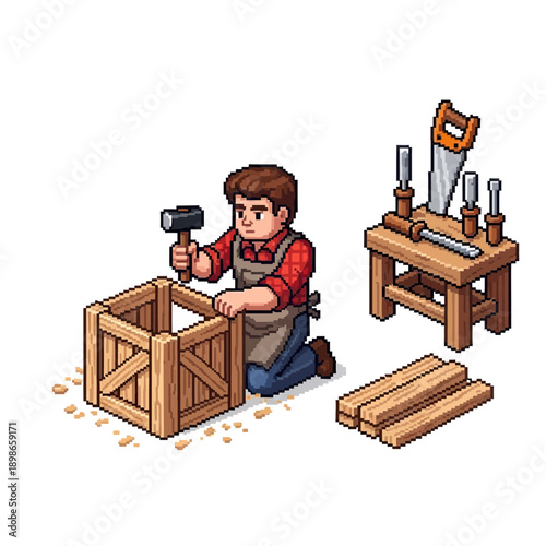 Carpenter building wooden crate with hammer and tools nearby.