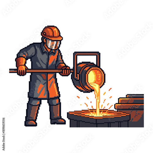 Worker in protective gear pours molten metal into a mold.