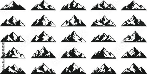 Mountain silhouette icon set, alpine peaks landscape collection, adventure nature symbols, black flat vector illustration for outdoor design use