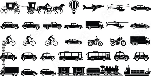 Transportation vehicle silhouette icon set, cars trucks bicycles aircraft ships, travel mobility collection, black flat vector illustration design