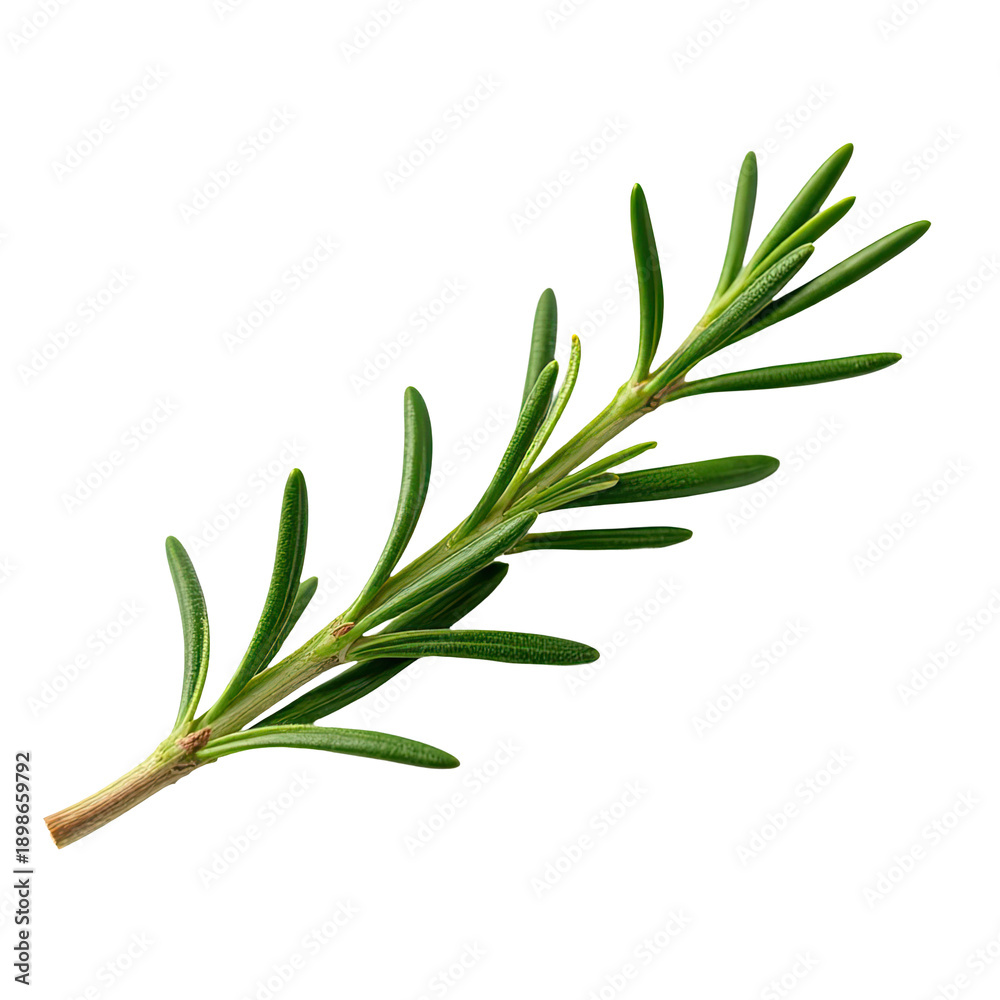 Fototapeta premium A single sprig of rosemary placed on a white background, ideal for use in cooking or wellness illustrations