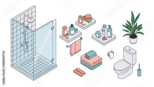 Comprehensive set of bathroom interior elements features a glass shower stall, toilet, shelf with toiletries, folded towels, and a green plant.
