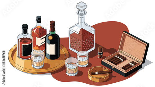 Sophisticated still life arrangement showcases various whiskey bottles, glasses with ice cubes, an ashtray, and a humidor with cigars.