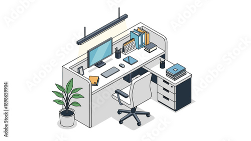 Modern office workstation features a desktop computer, ergonomic chair, desk lamp, and files in a clean and minimal cubicle design.