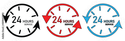 24 hours vector icon set. 24 7 service icon set. 24 hours days in week support icons. Vector Illustration. EPS 10