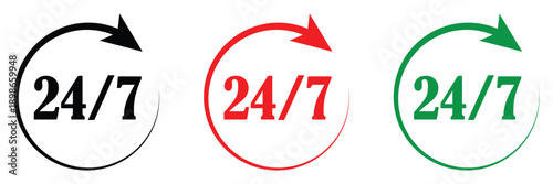 24 hours vector icon set. 24 7 service icon set. 24 hours days in week support icons. Vector Illustration. EPS 10