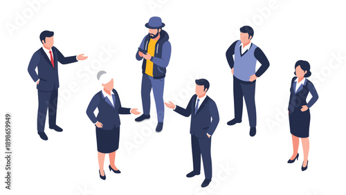 Diverse group of people in business and casual attire is shown standing and interacting in a professional isometric character set.