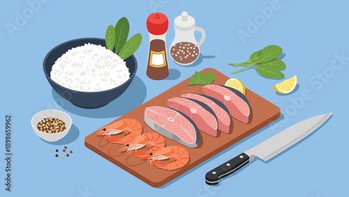 Cooking ingredients displayed on a wooden cutting board include salmon steaks, fresh shrimp, a bowl of rice, and various spices and herbs.