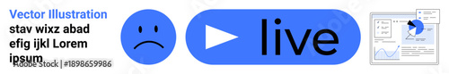 Live streaming, audience reaction, online analytics, digital media, content creation, data monitoring. Sad face and live stream play button next to a graph dashboard. Live streaming and audience