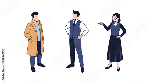 Three isometric characters represent diverse professionals including a man in a tan coat, a man in a blue vest, and a woman in a skirt and glasses.