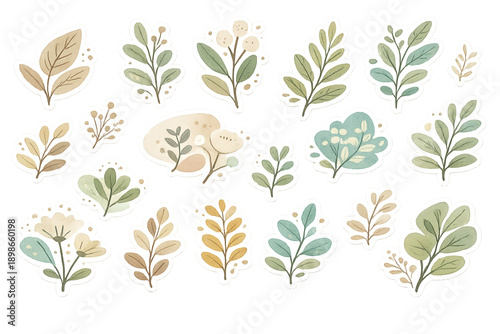 Hand-Drawn Watercolor Botanical Sticker Collection: Muted Pastel Green and Brown Leaf and Floral Elements Bundle for Wedding Invitations, Scrapbooking, and Digital Planner Decoration