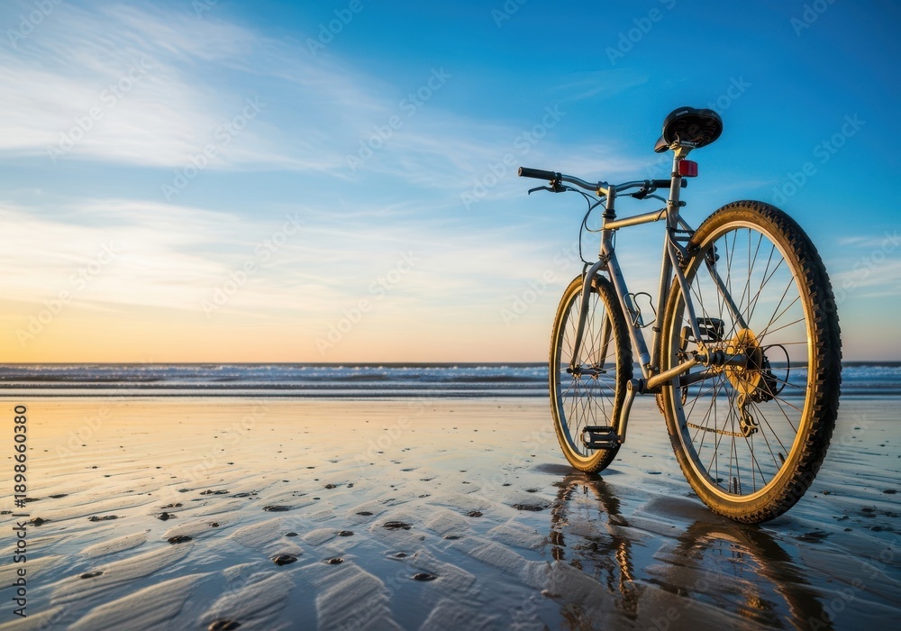 Fototapeta premium Ein robustes Fahrrad steht am sandigen Ufer, bereit für die Rückfahrt nach einem erholsamen Tag am Meer unter blauem Himmel, Weg, Küstenlinie, Landschaft