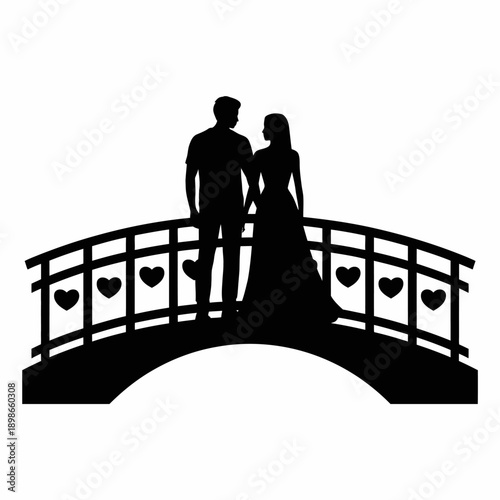 Silhouette of a couple standing on a heartdecorated bridge together romantically