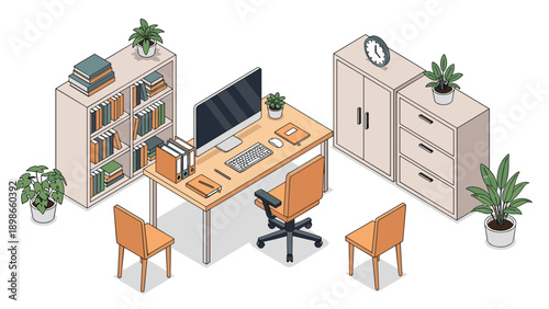 Professional office environment in isometric view with a large computer monitor, desk chairs, bookshelves, and various green indoor plants.