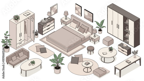 Wide range of isometric bedroom furniture pieces including a bed, wardrobes, sofas, tables, and various decorative indoor plants for home.