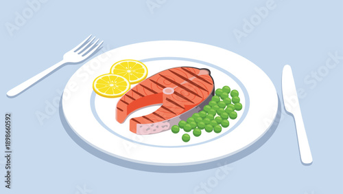 Appetizing meal of grilled salmon steak served with fresh green peas and lemon slices on a white plate with silverware for healthy dinner.