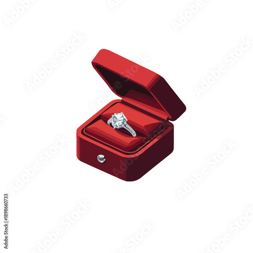 Open Red Ring Box with Diamond Engagement Ring Vector
