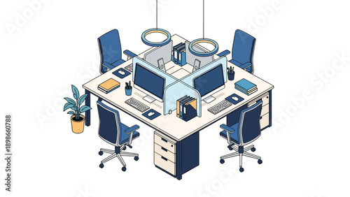Collaborative office workstation for four people in isometric view with computers, desk dividers, blue chairs, and a small potted plant.