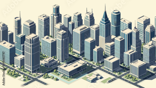 Extensive isometric city landscape featuring many tall skyscrapers, office buildings, roads, and green trees in a detailed urban environment.