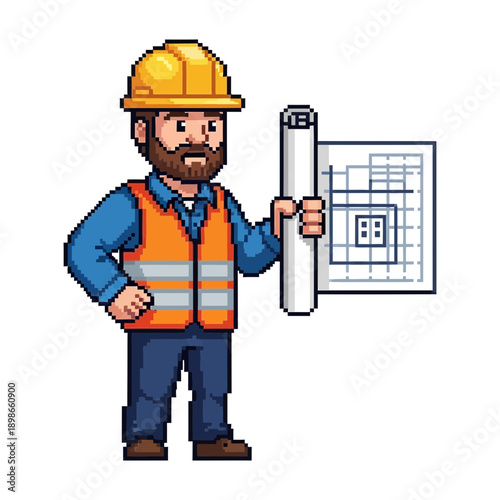 Construction worker holding a rolled blueprint with building plans.
